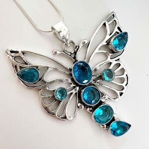 925 Sterling silver Blue Topaz Butterfly necklace GEMSTONE Pendant womens GIFT